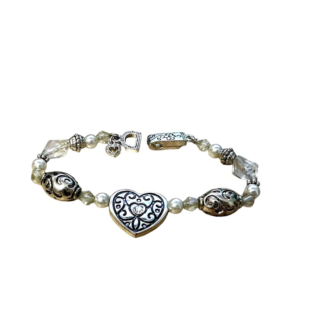 Silver Tone‎ Sister Heart Charm Beaded Bracelet Faux Pearl Crystal Filigree 7in